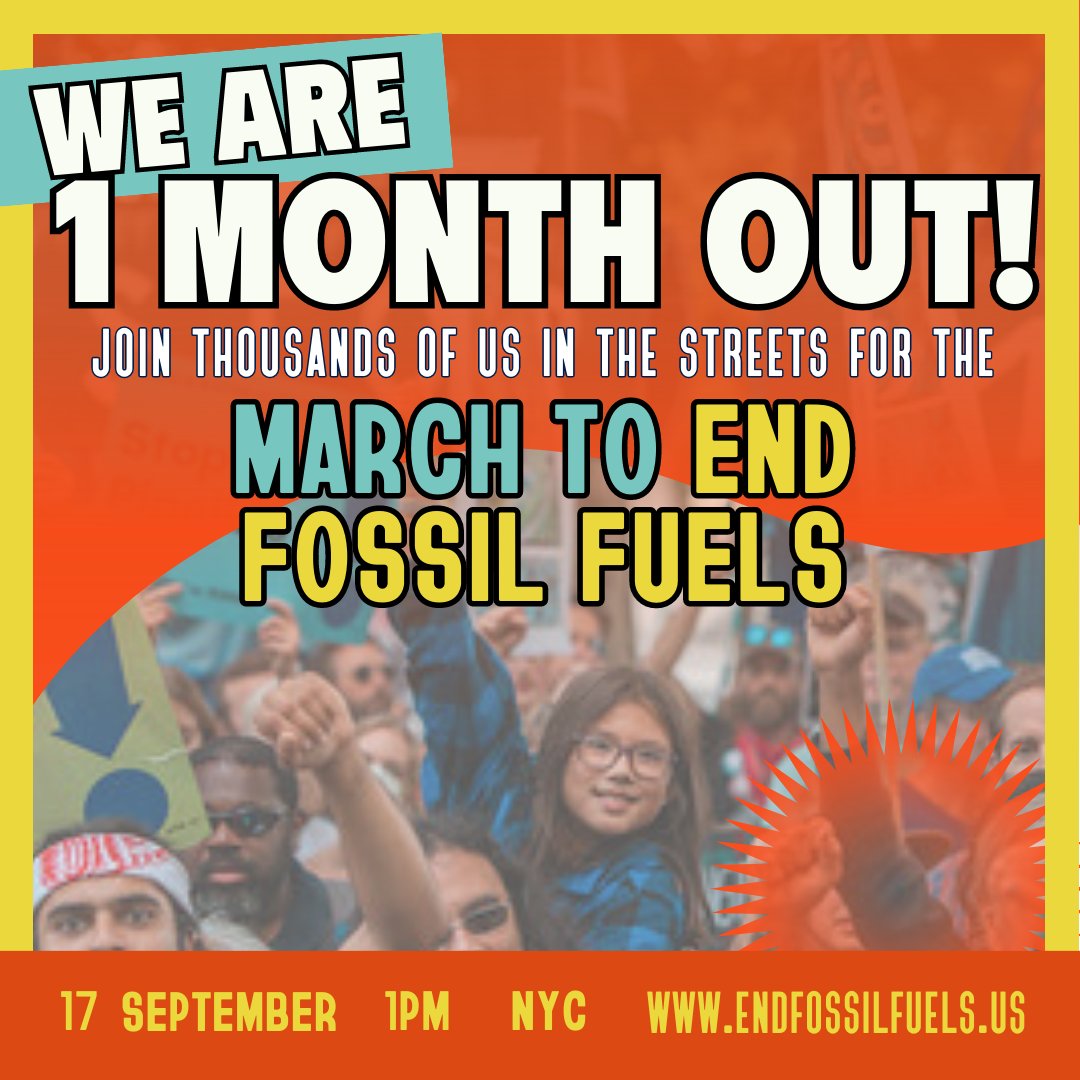 ONE MONTH AWAY! We’re marching in the streets of NYC on Sept 17 to demand Pres. Biden #EndFossilFuels!🚶‍♀️🌍 Let's raise our voices together and demand a #FossilFreeFuture.
Sign up now at endfossilfuels.us and be part of this historic event! 🗽✊