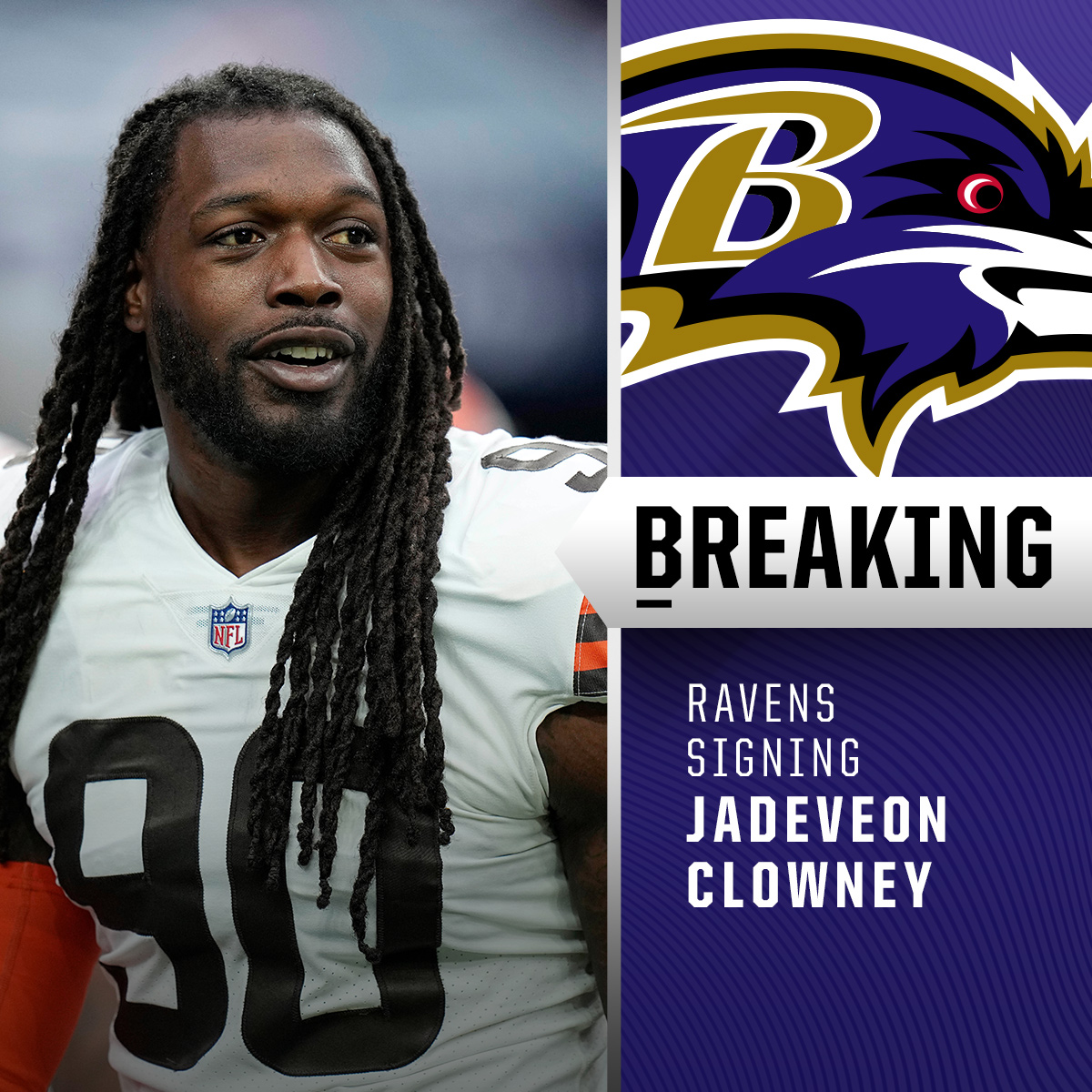 NFL's tweet photo. BREAKING: Ravens signing DE Jadeveon Clowney to one-year deal. (via @rapsheet, @TomPelissero) https://t.co/jpa5OKaNg5