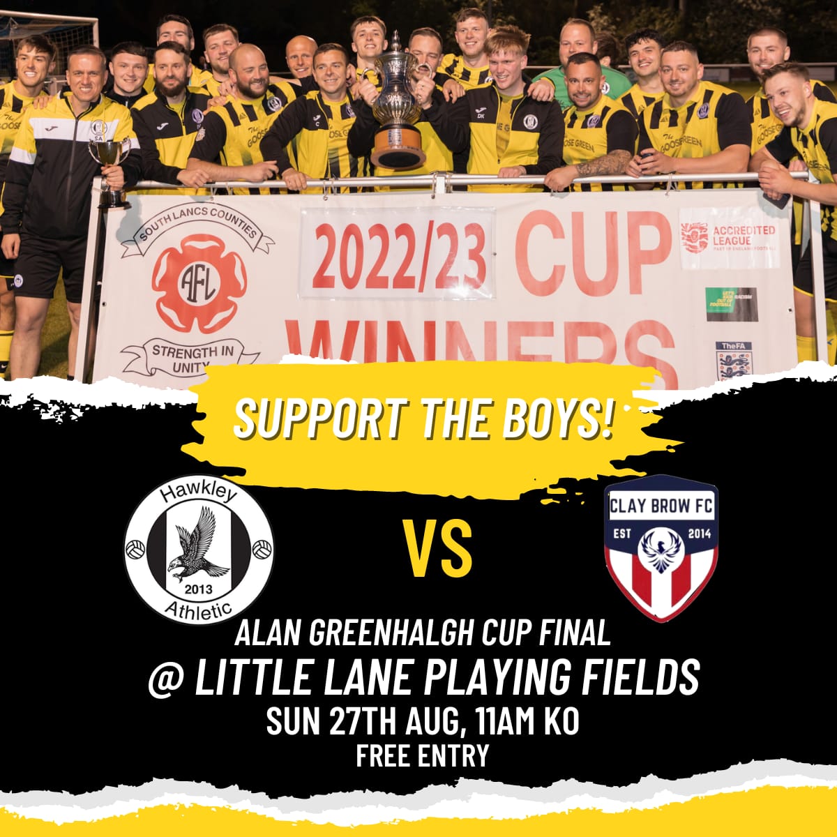 Get yourselves down to our Alan Greenhalgh Cup Final next weekend as we face the winners of the South Lancs Prem. 

Sure to be a good game. 
Come and support the Hawkley Tics! 🟡⚫️