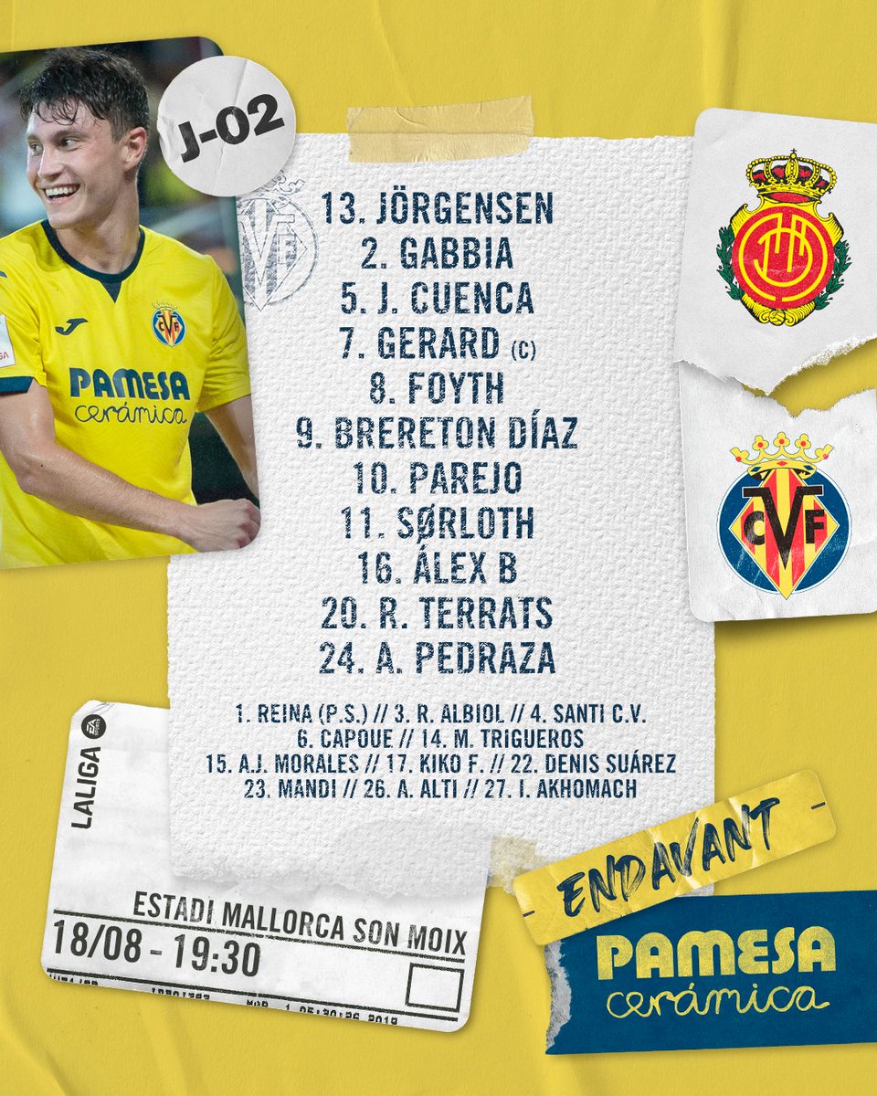 2 surprises pour ce 1er match Mallorca - Villarreal :
- Darder démarre sur le banc alors qu'Aguirre avait laissé entendre qu'il serait titulaire.
- Changement de système de Setien qui jouera avec 2 pointes, et donc Ben Brereton fait ses débuts aux côtés de Sorloth.

Le reste RAS.