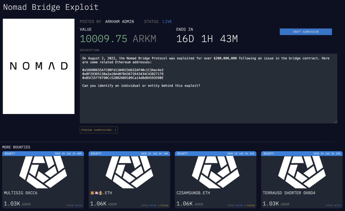 arkham's tweet photo. Featured Arkham Intel Exchange Bounty: Nomad Bridge Exploit

Today we’re highlighting a bounty looking for intelligence on any owner of the three wallet addresses most involved in the Nomad Bridge Exploit.

Let’s dive into this Intel Exchange Bounty.

Context

The Nomad Bridge was drained for $190M of liquidity in August 2022, making it the 5th largest exploit of that year.

An update was pushed in June 2022 that contained a critical vulnerability, allowing any account to repeatedly call the process() function in order to remove funds from the bridge’s liquidity pools.

When this was discovered, the Nomad Bridge was copycat attacked by dozens of accounts, as well as generalized frontrunner MEV Bots - resulting in a hack that commentators branded “Decentralized Crowd-looting”.

The three accounts that removed the most value from the Nomad Bridge’s Contracts are:

0x56D8B635A7C88Fd1104D23d632AF40c1C3Aac4e3 ($47M)
0xBF293D5138a2a1BA407B43672643434C43827179 ($40M)
0xB5C55f76f90Cc528B2609109Ca14d8d84593590E ($8M)

Bounty Submissions

Identify any individual or entity behind addresses attributed to a Nomad Exploiter to receive the ARKM Bounty.

Check out the details on the Intel Exchange using this link:
https://t.co/STsjo01Mdo

Submissions to the Intel Exchange must conform to the Intel Exchange Guidelines, and be verified by the Arkham Team before they are accepted.

You must:
- Use publicly available data only
- Provide relevant context and cite all sources used
- Provide a deposit of 10 ARKM, which will be forfeited if the submission does not meet the guidelines.

Best of luck!