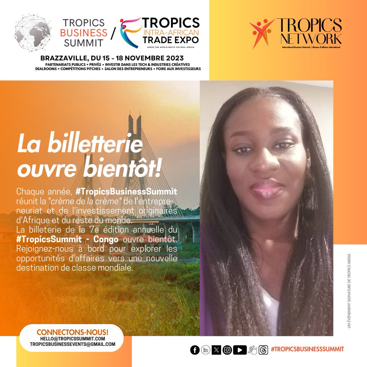 tropicsbusiness's tweet photo. #TropicsBusinessSummit, explorez les perspectives d'affaires en Afrique centrale.
vous êtes un investisseur providentiel, rejoignez-nous pour stimuler l'innovation sur un marché regorgeant de potentiel.
hello@TropicsSummit.com, en copiant TropicsBusinessEvents@gmail.com. https://t.co/Ja03OHqQFy