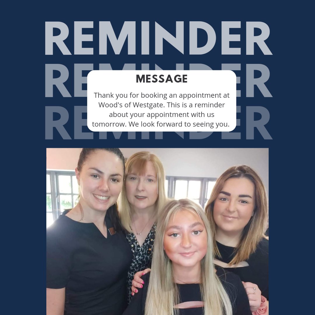 WoodsofWestgate's tweet photo. If you have made an appointment with us, you will now receive a reminder text message the day before, or if your appointment is on Tuesday you'll receive a message on the Saturday before 😊

The message will contain further details too about what to do if you need to rearrange. https://t.co/7XHP2qSQ6j