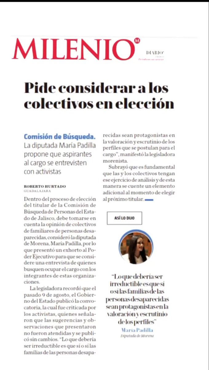 Desde el congreso del estado de Jalisco la diputada <a href="/MariaPadillaRom/">MARIA PADILLA ROMO</a> pide sean incluidos los colectivos de madres buscadoras (entre otros) en la comisión de búsqueda. Dejar fuera del tema a la sociedad es una mala señal, además de dejar en estado de indefensión a las familias.