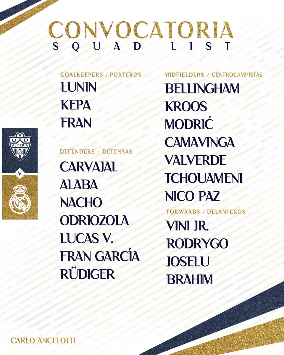 📋✅ ¡Nuestros convocados para el partido 🆚 <a href="/U_D_Almeria/">UD Almería</a>!
#AlmeríaRealMadrid