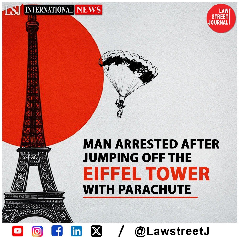 LawstreetJ's tweet photo. A man was arrested in Paris on Thursday after jumping off the Eiffel Tower with a parachute, police and the monument's operator said.
#EiffelTowerJump #ParisArrest #ParachuteStunt #DaringLeap #MonumentMischief #RestrictedAreaAdventure #ClimberArrested #India #LawstreetJ https://t.co/ElsYmAXiB8