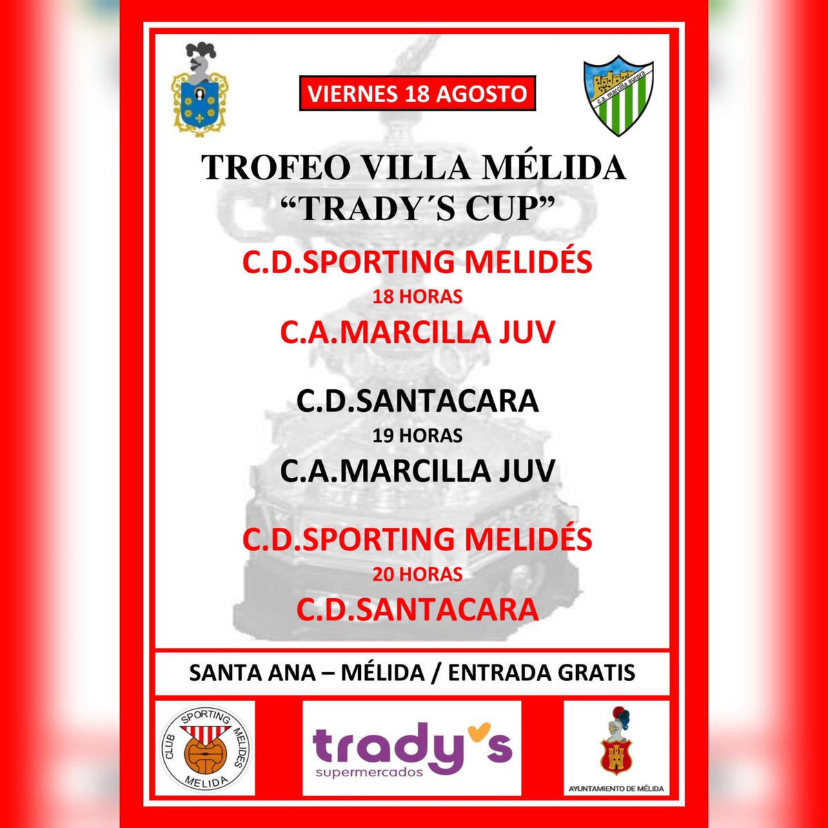 🚨🚨AVISO🚨🚨 Por motivos ajenos al club el orden de los partidos cambia, finalemente el orden correcto será este.
Nos vemos a la tarde y no olvides HAZTE SOCI@!!!

#AúpaSporting ❤️❤️⚪️⚪️
#IlusiónRojiblanca
#95Aniversario 🟥

<a href="/sportingmelides/">C.D. Sporting Melidés</a> 
@casantacara 
<a href="/marcilla_aurora/">C. A. MARCILLA AURORA</a>