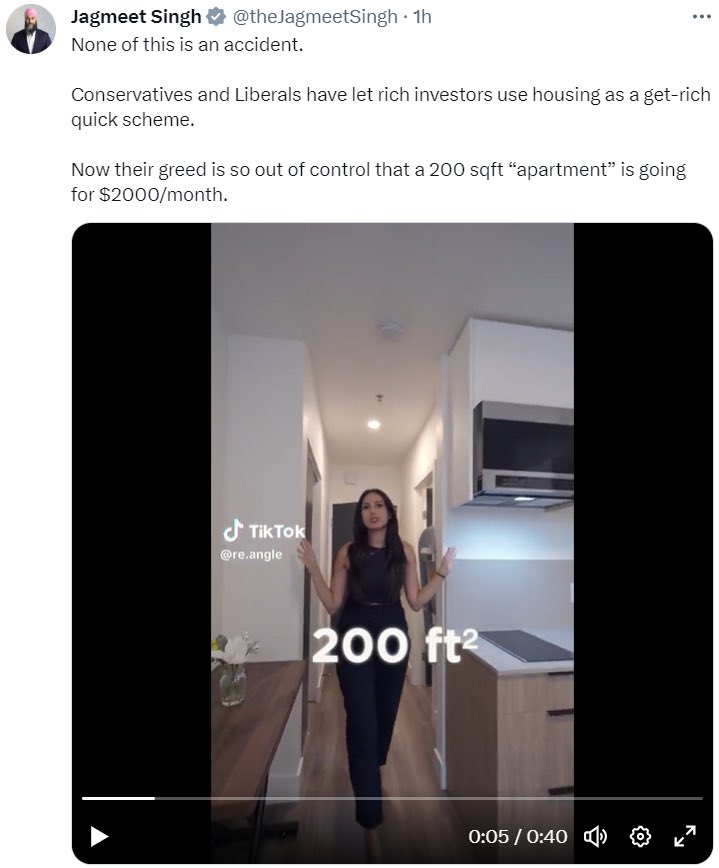 Memo to Jagmeet—you are in government. Your party runs BC where this apartment is located.

Since you took power in Ottawa, housing costs have rocketed higher.

You are not the solution. You are the problem.