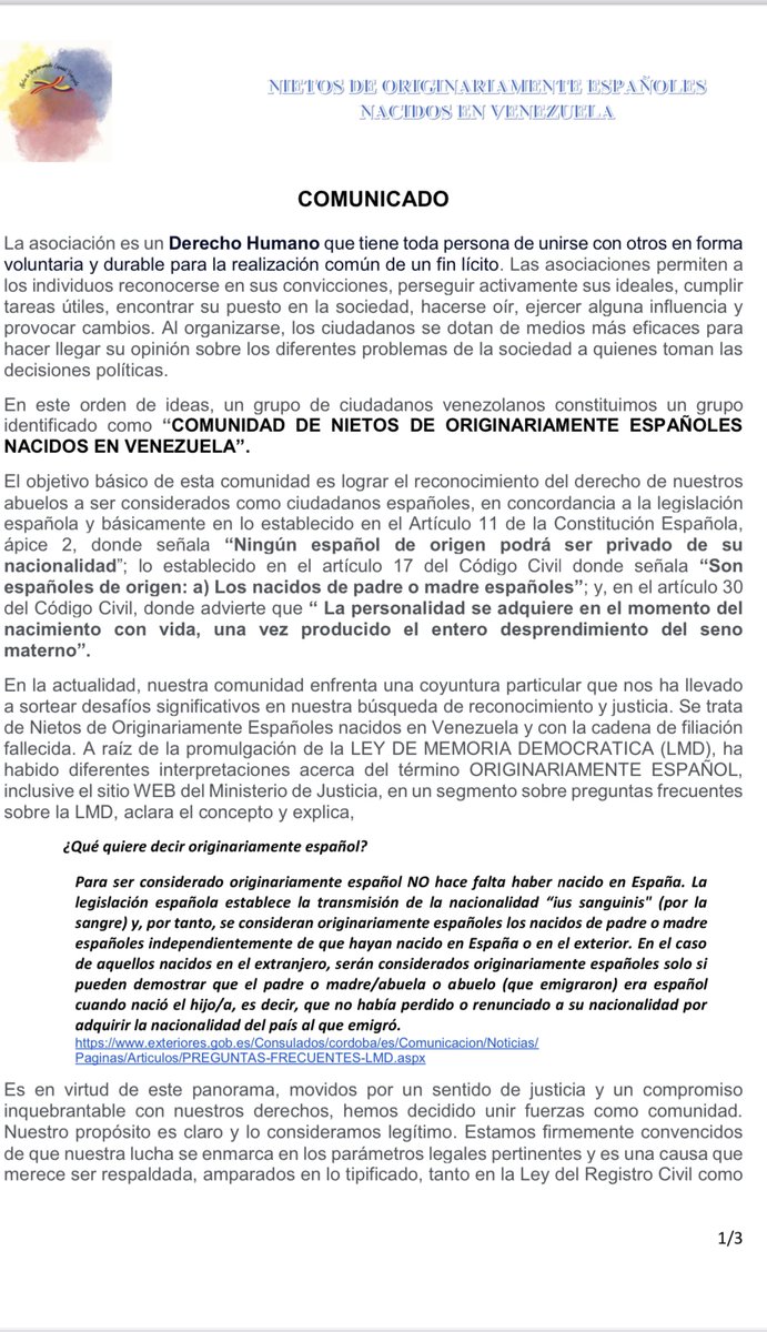 NietosOrigVene's tweet photo. Comunicado  Nietos de Originariamente Españoles Venezuela
@ESTELAMARINA20 @DavidCasajeros @pilar_llop @PiliCancela @sanchezcastejon @PSOEexterior @CreVenezuela @ConsEspCaracas @CasaReal @DefensorPuebloE @MAECgob @LGNSinFronteras @CeDEU2 @justiciagob @grupoaristeo https://t.co/tNkNB2cqCp