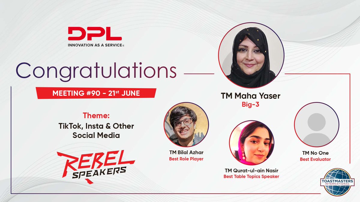 DPL_rebels's tweet photo. Congratulations to the Toastmasters who made the leaderboards in June's meetings, and kudos to everyone giving them a tough competition.

#DPL #DPLRebels #DPLRebelSpeakers #RebelSpeakers #ToastmastersClub #ToastmastersInternational #ToastmastersInternationalClub https://t.co/x1xF7N5wMe