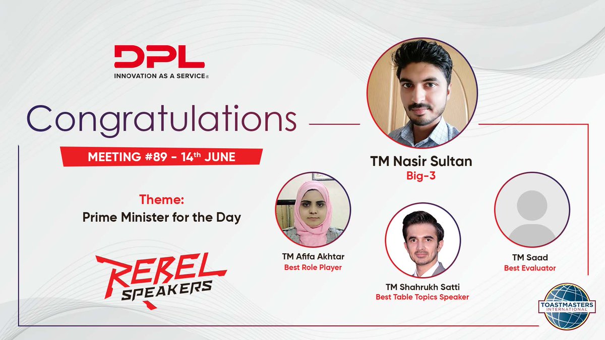 DPL_rebels's tweet photo. Congratulations to the Toastmasters who made the leaderboards in June's meetings, and kudos to everyone giving them a tough competition.

#DPL #DPLRebels #DPLRebelSpeakers #RebelSpeakers #ToastmastersClub #ToastmastersInternational #ToastmastersInternationalClub https://t.co/x1xF7N5wMe