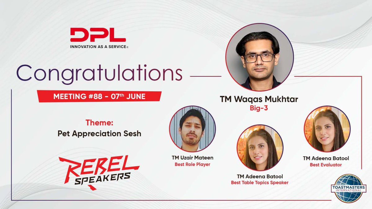 DPL_rebels's tweet photo. Congratulations to the Toastmasters who made the leaderboards in June's meetings, and kudos to everyone giving them a tough competition.

#DPL #DPLRebels #DPLRebelSpeakers #RebelSpeakers #ToastmastersClub #ToastmastersInternational #ToastmastersInternationalClub https://t.co/x1xF7N5wMe
