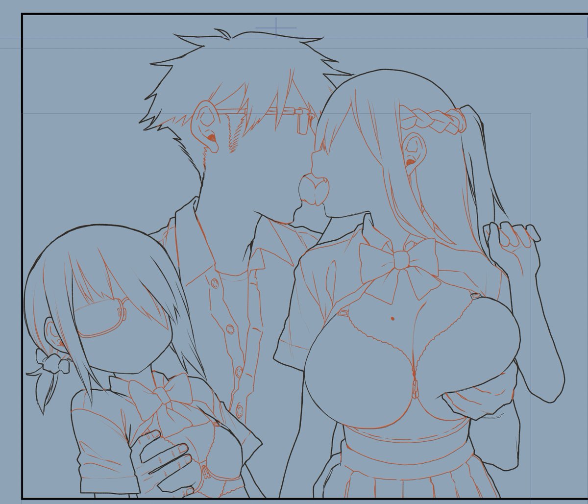 今自分が試してみてるペン入れのやり方です(下書きレイヤーは非表示にしています)
1枚目のようにまずざっくりとアウトラインをやや太めの線で描き、その後2枚めのように内部を外側よりやや細めの線で書き込んでいっています 最後瞳HLとか斜線とかやって線画完成 