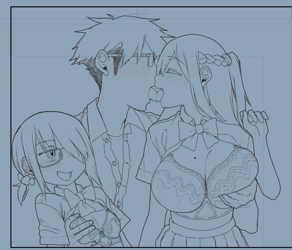 今自分が試してみてるペン入れのやり方です(下書きレイヤーは非表示にしています)
1枚目のようにまずざっくりとアウトラインをやや太めの線で描き、その後2枚めのように内部を外側よりやや細めの線で書き込んでいっています 最後瞳HLとか斜線とかやって線画完成 