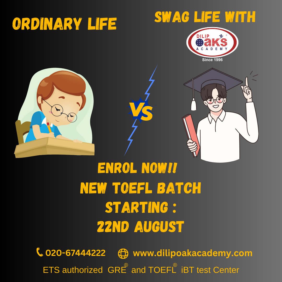 DilipOakAcademy's tweet image. Crack your TOEFL exam with confidence. Enroll today!
dilipoakacademy.com/toefl-coaching…
#toeflexam #mastersdegree #learnfromthebest #Highereducationabroad #expertcoaching #studyinamerica #toefltips #toeflpreparation #studyabroad #highereducationconsultant #toefl #toefltest #toeflcoaching