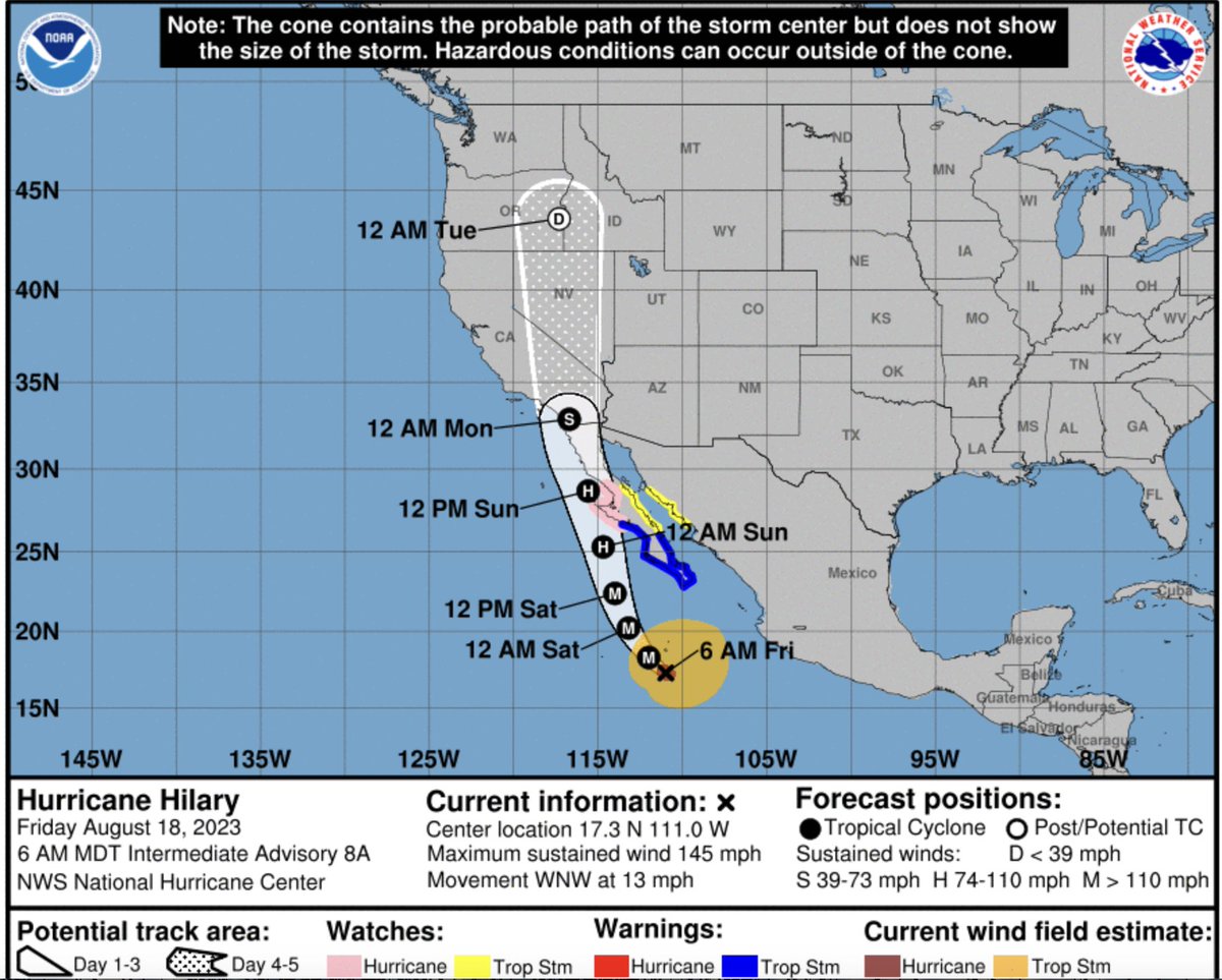 eyesonsdskies's tweet image. The unthinkable is starting to look likely. It still might veer left or right, but the National Hurricane Center&apos;s latest probable path map has #HurricaneHilary arriving in San Diego as a tropical storm at 12 a.m. Monday. It IS time to make preparations. #sandiegoweather #CAw