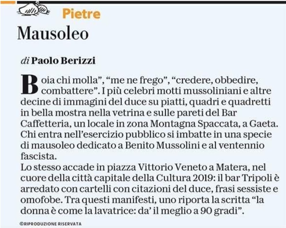PBerizzi's tweet photo. Da Gaeta a Matera, bar e locali pubblici come mausolei di Mussolini e del fascismo. Il Bel Paese che non ha fatto i conti col passato e non li sta facendo nemmeno col presente.  

#Pietre
@repubblica https://t.co/1aEQ1ihkIa