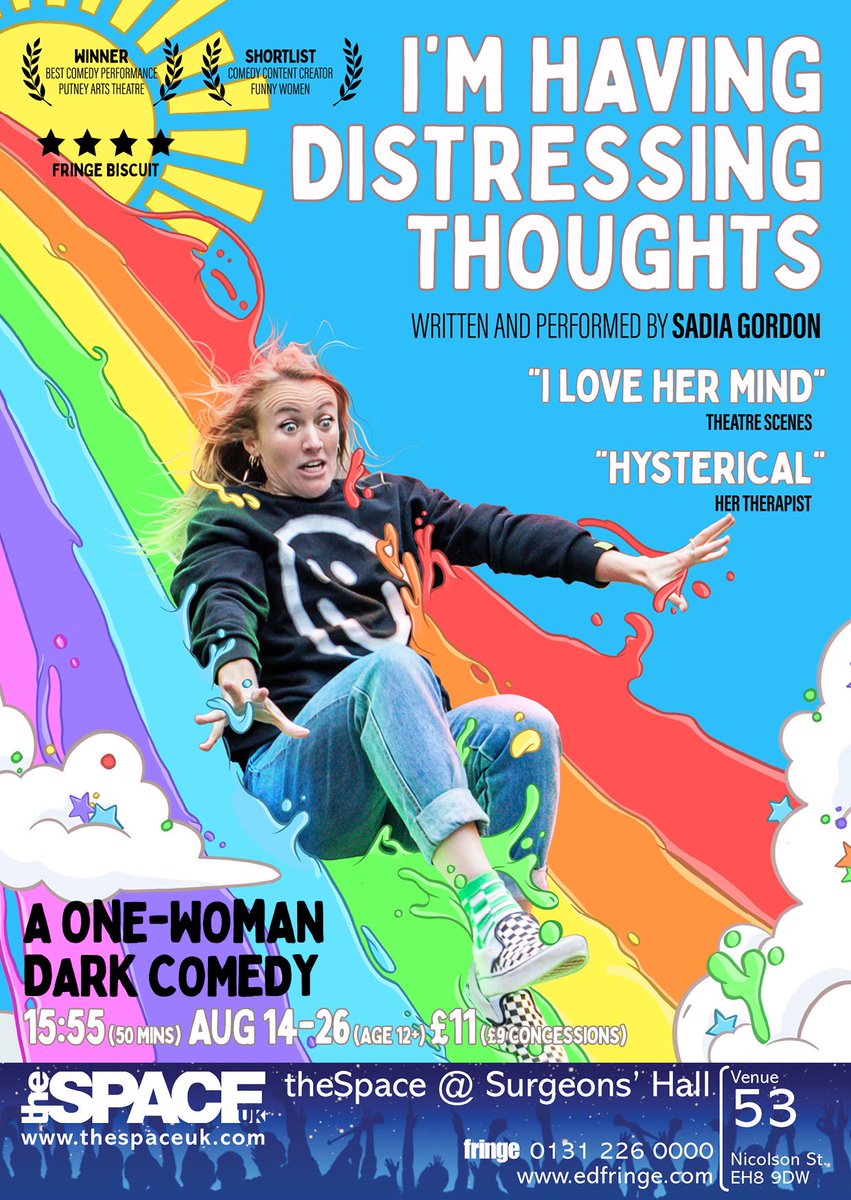 I’m Having Distressing Thoughts!
Everyone often says it’s okay to ask for help - I wanted to make a show about what that journey actually meant for me.
Solo written & performed, dark comedy, 1st fringe, multiple character, queer female.
Yet to be reviewed! Sadia x
#tweetthemedia