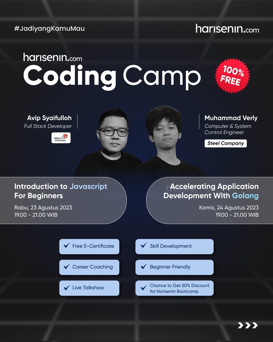 harisenincom's tweet image. 📢 Harisenin Coding Camp is back! 🔥

Kamu mau jadi developer? Ayo buruan Ikutan Coding Camp ada 2 kelas GRATIS! Cocok banget buat pemula. 

Buruan daftar di sini 👇
Javascript for Beginner: harisenin.link/CC-Javascript
Golang Class: harisenin.link/CC-Golang

#harisenincom #codingcamp