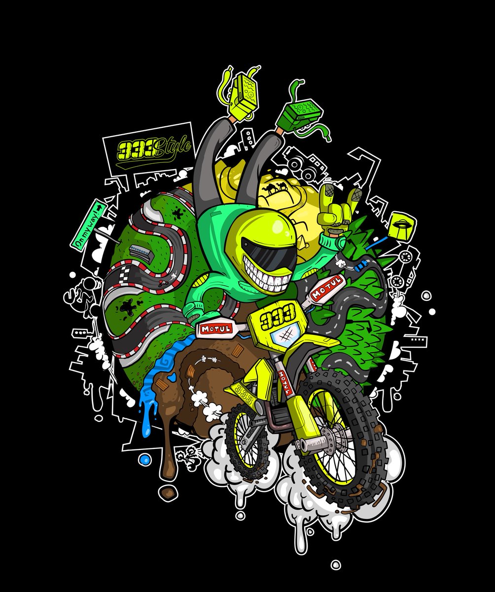 AmadineApp's tweet photo. How do you see illustration for a clothing brand? Something posh, lavish, maybe neutral in colors? But @KonradKirpluk sees it differently: motorbike races with corrosive acid. Would you opt for a classic or bold design for your own brand?
#motorbikeillustration #acidgraphix https://t.co/bY31HQBFwU