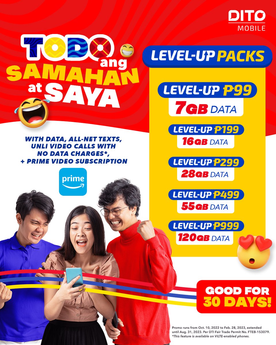 DITOphofficial's tweet photo. Gawing TODO ang samahan at saya with DITO Level-Up Packs when you subscribe via the DITO App 👉 https://t.co/tFFilP64g1
Learn more: https://t.co/TkC4Oixoqb
#DITOLevelUpPacks #DITOtelecommunity https://t.co/FK0ZBSeRaV