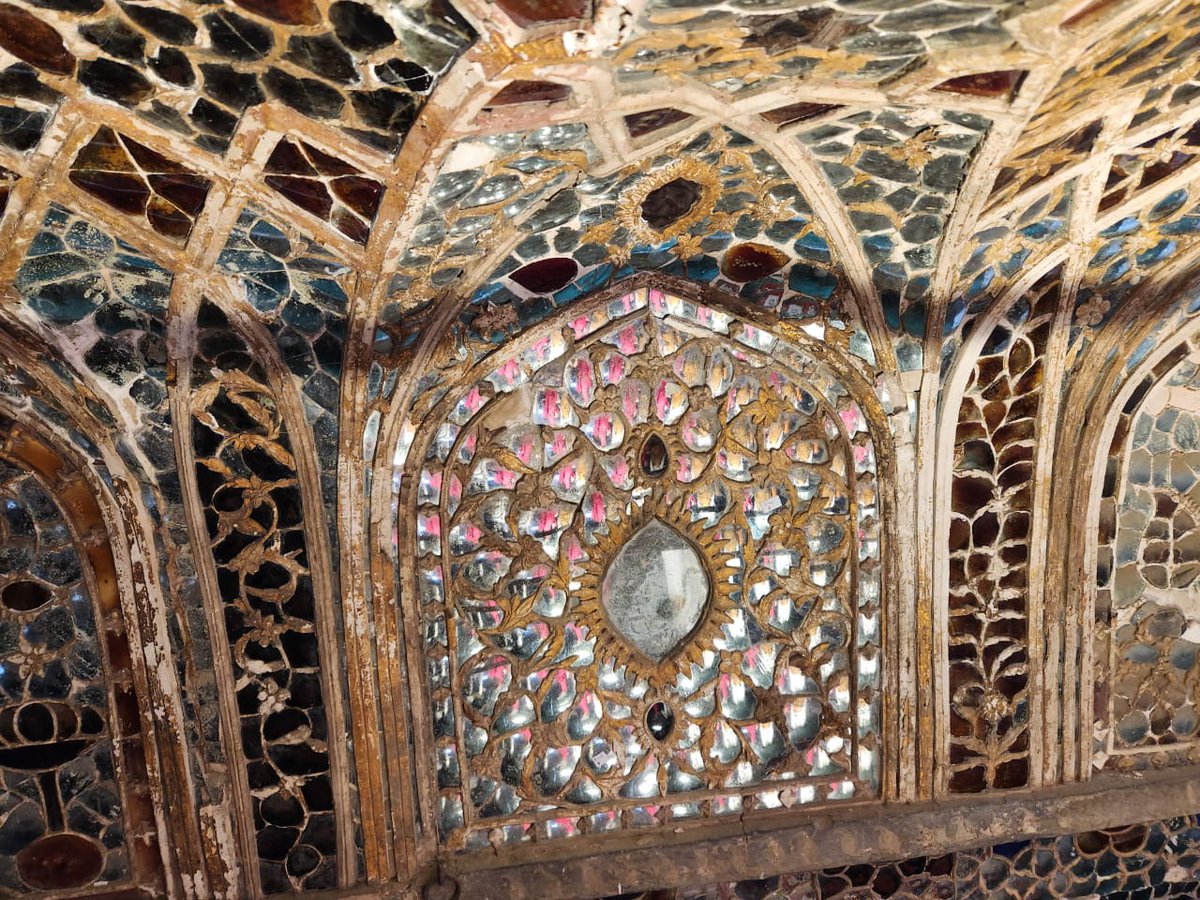 Today at the Fort, to inspect the Conservation work by AKTC at the Sheesh Mahal... the mirror work on the roofs is so fragile, its peeling off...but a prototype of Conservation work is is being developed with great care and international input.