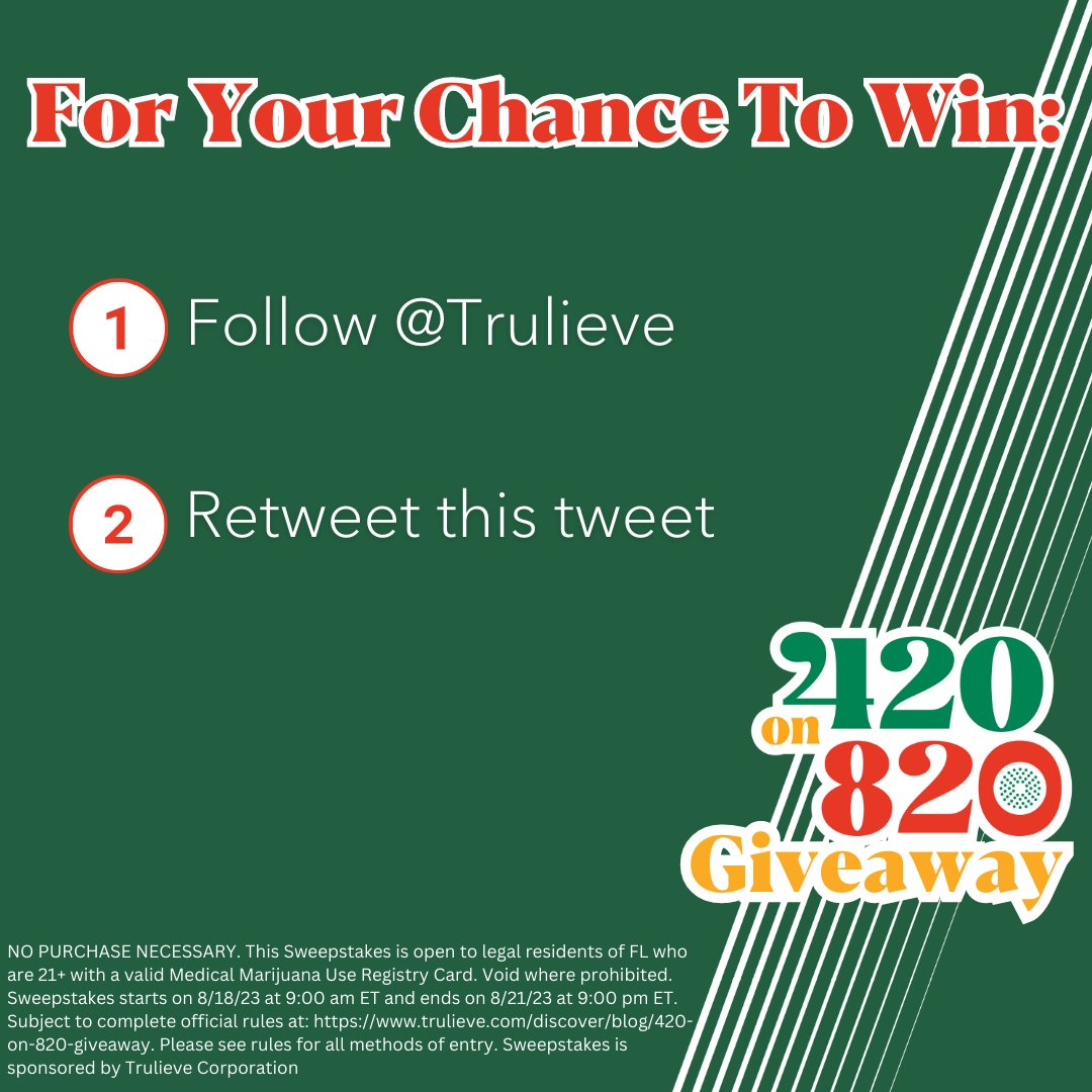 🎉Celebrate 420 on 820 by participating in your chance to #win a #Trulieve Swag Pack &amp; #GiftCard!

Follow both rules below:
1️⃣Follow <a href="/Trulieve/">Trulieve</a> 
2️⃣Repost this thread

🏆4 Winners will be selected next week!

Full Rules: trulieve.com/discover/blog/…