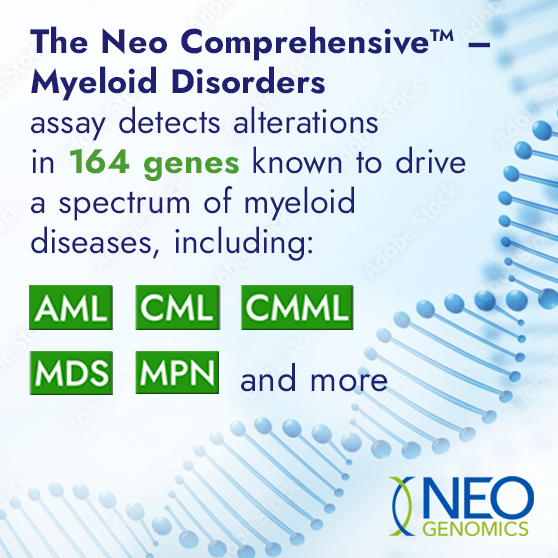 NeoGenomics's tweet photo. The Neo Comprehensive™ - Myeloid Disorders assay utilizes next-generation sequencing (NGS) to detect alterations in 164 genes known to drive a spectrum of myeloid diseases. To learn more, please visit: https://t.co/zKz1MYb16z 

#NeoGenomics #CancerTesting #Oncology #Myeloid https://t.co/ZthAbpRKsK