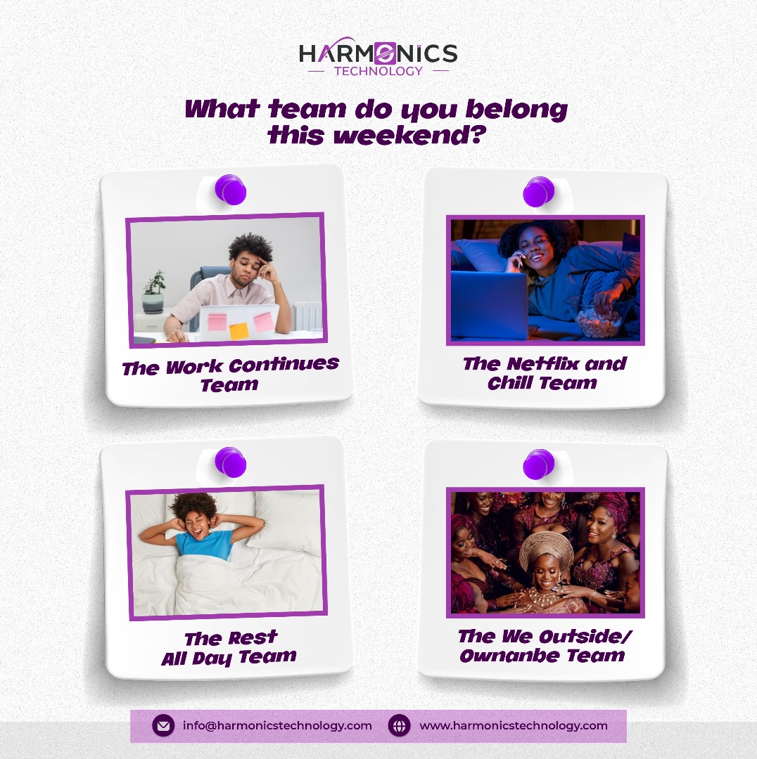 HarmonicsTech's tweet photo. What’s your weekend gonna be like?
Tell us in the comment box.
#tgif #harmonicstechnology https://t.co/NuyWul9CH2