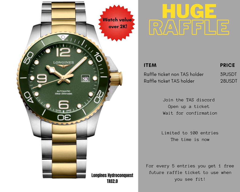 DroManDan01's tweet photo. Iโm giving away ONE free entry for the TAS watch raffle! Already 25% sold!
If the winner is a TAS holder I will double your prize to TWO free entries.
If you hold multiple TAS (more than one) I will triple it to THREE free entries.
Like, Retweet, Tag 3
Winner announced 8/23! https://t.co/oucZUPc8ob