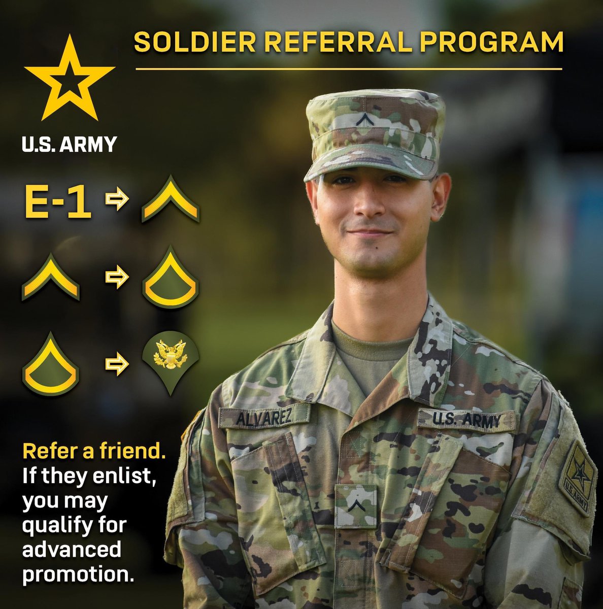 The Soldier Referral Program authorizes promotions for #Soldiers in the ranks of PVT, PFC and SPC whose referral enlists and ships to basic training. Soldiers also receive the Recruiting Ribbon. 

Go here to submit your referral: goarmy.com/refer.html

#BeAllYouCanBe <a href="/GoArmy/">GoArmy</a>