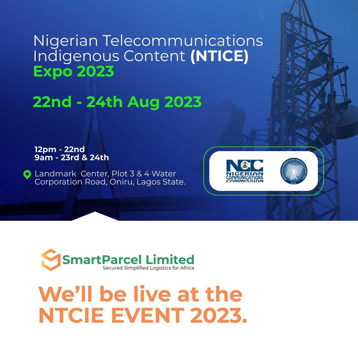 Join us at #NTCIE2023, where innovation meets indigenous telecommunications excellence! 📡🇳🇬 Don’t miss out on this exciting event from August 22nd to 24th at Landmark Center, Lagos. 🗓️ #NTICEExpo #TelecomInnovation #NigeriaTech #SmartParcel #SmartLocker