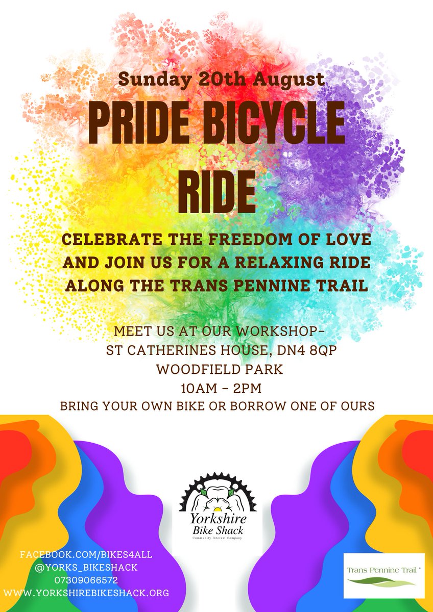 Yorks_bikeshack's tweet photo. Yorkshire Bike Shack are bringing you 3 exciting &amp; very popular events this weekend! Enjoy the beauty of @TPT_National trail with our #PrideRide, or get some family time in with bike ride designed for families 🚴‍♀️ @TotalMTB_ @WeAreCyclingUK #memories #loveislove #familytime https://t.co/R0hu8bgiTn
