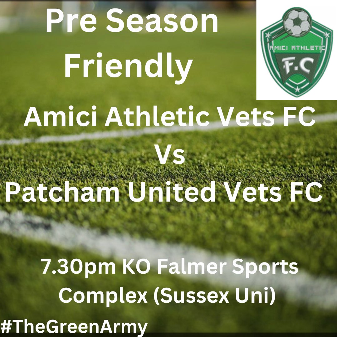 Amici Athletic FC Vets (@amicifcvets) on Twitter photo First Pre Season Action for The Green Army Vets tonight as they take on <a href="/Patcham_vets/">Patcham United Vets FC</a> time to see who’s been skipping Pre Season Training 🤔 #GreenArmy #ssfl #Preseason First Pre Season Action for The Green Army Vets tonight as they take on <a href="/Patcham_vets/">Patcham United Vets FC</a> time to see who’s been skipping Pre Season Training 🤔 #GreenArmy #ssfl #Preseason