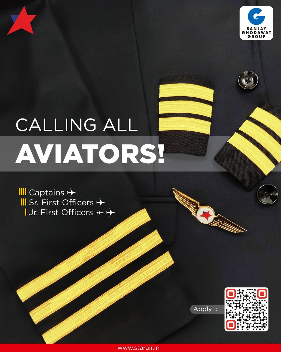 Calling all Aviators to the flight deck!

We are looking for Captains, Sr. First Officers, and aspiring Jr. First Officers for our growing Embraer Fleet.

Scan the QR Code and fill out the form to apply.

#OfficialStarAir #WeCare #ConnectingReallndia #FlyWithStarAir #SGGRising