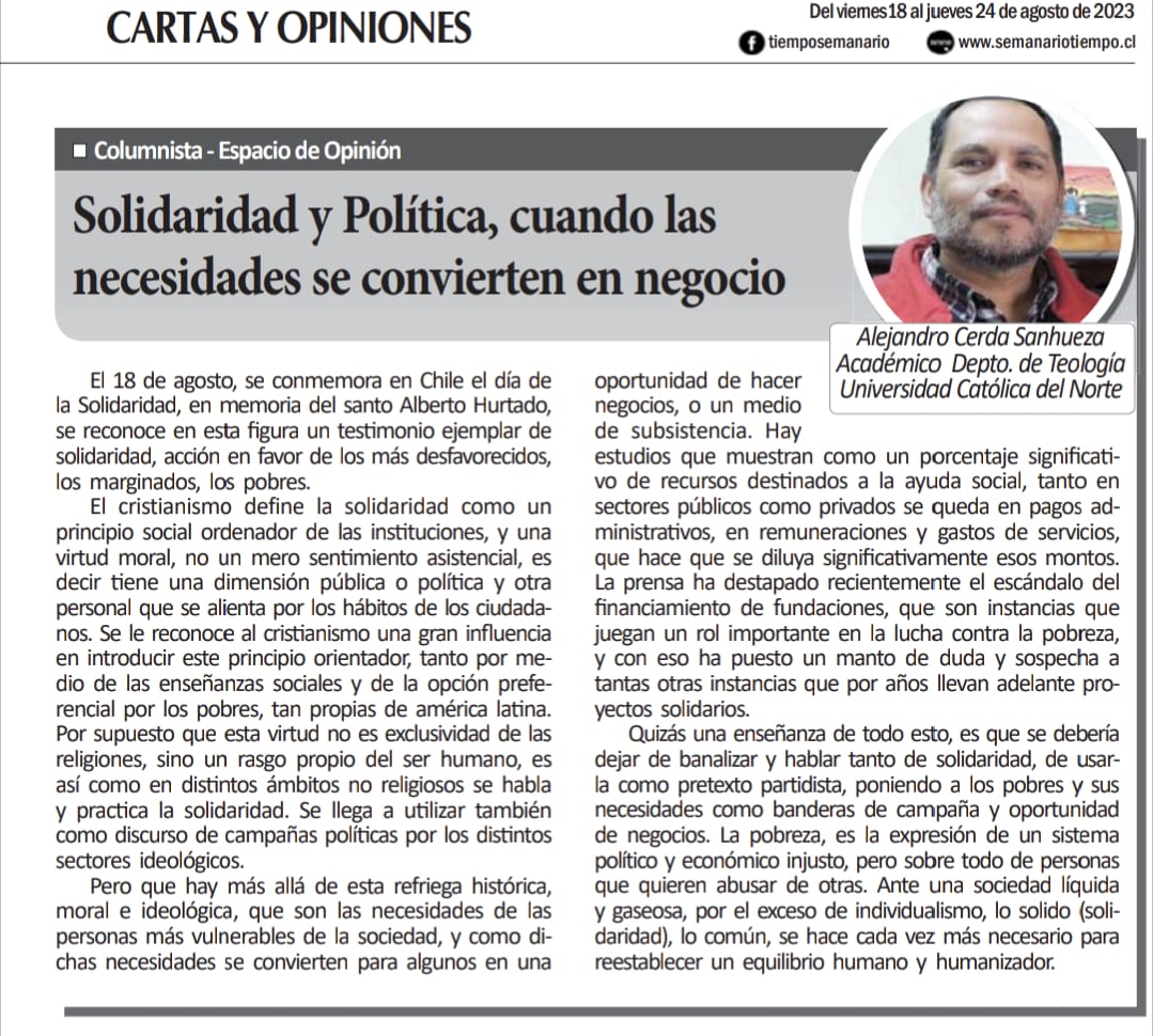 icrfucn's tweet photo. Alejandro Cerda Sanhueza, académico de nuestro instituto en Coquimbo, ha publicado una nueva columna en el semanario Tiempo, titulada "Solidaridad y Política, cuando las necesidades se convierten en negocio". https://t.co/aLGcSH6pzK