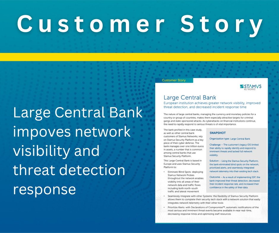 StamusN's tweet image. It’s vital that security teams are able to detect #malicious behavior and quickly respond to threats.

Learn how a large European central bank increased their #networkvisibility and decreased their incident #responsetime using the Stamus Security Platform: hubs.la/Q01_0hZh0