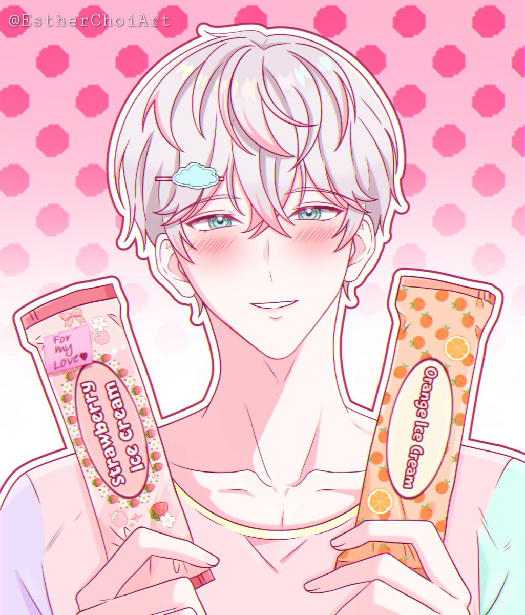 EstherChoiArt's tweet photo. The last month of summer, with this heat, you just want to cool off. In my mind eye I imagined Saeran coming up to me and saying:
Do you want an ice cream my love? ♡
It was so beautiful, I needed to draw it, before I finished this season. 🥰
#mysticmessenger #saeranchoi #최세란 https://t.co/H8AY6qQmx2