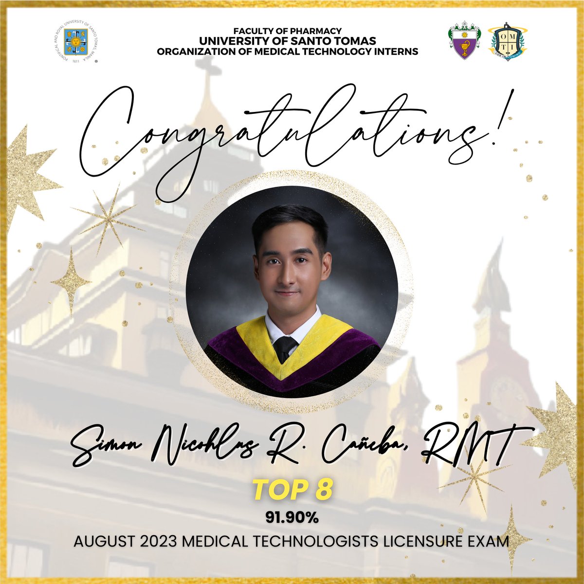OfficialOMTI's tweet photo. The OMTI congratulates our newly registered Thomasian medical technologists from the August 2023 MTLE, in which 10 Thomasians were able to take spots from the topnotcher list! Furthermore, the UST was also the fifth top-performing school with a passing rate of 93.86%.

(2/3) https://t.co/FyAvWug77v