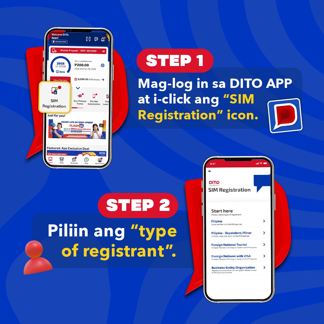 DITOphofficial's tweet photo. Madali lang simulan ang iyong DITO mobile experience! β€οΈοΈππ Sundan lang ang mga sumusunod na steps at i-register ang new DITO SIM mo sa DITO App: https://t.co/hOQZPY4a98
#RegisterDITO #DITOtelecommunity https://t.co/tqYBeCJJl4