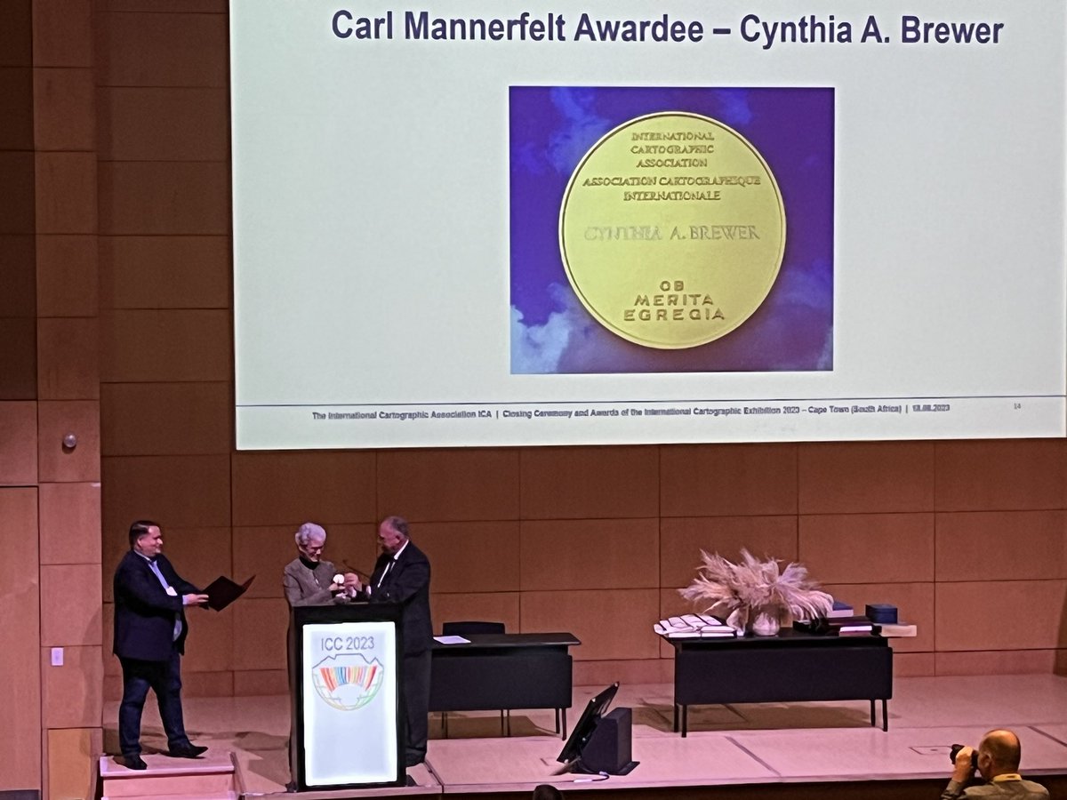 Mark_Cygan's tweet photo. Dr Cynthia Brewer awarded Int’l #Cartographic Assoc @icawebsite Carl Mannerfelt Award 🥇 for #Colorbrewer &amp; #Scalebrewer which is part of #Esri #ArcGIS multi-scale/multi-res #mapping generalization #ICC2023 @imiamaps https://t.co/5UQmevWox8