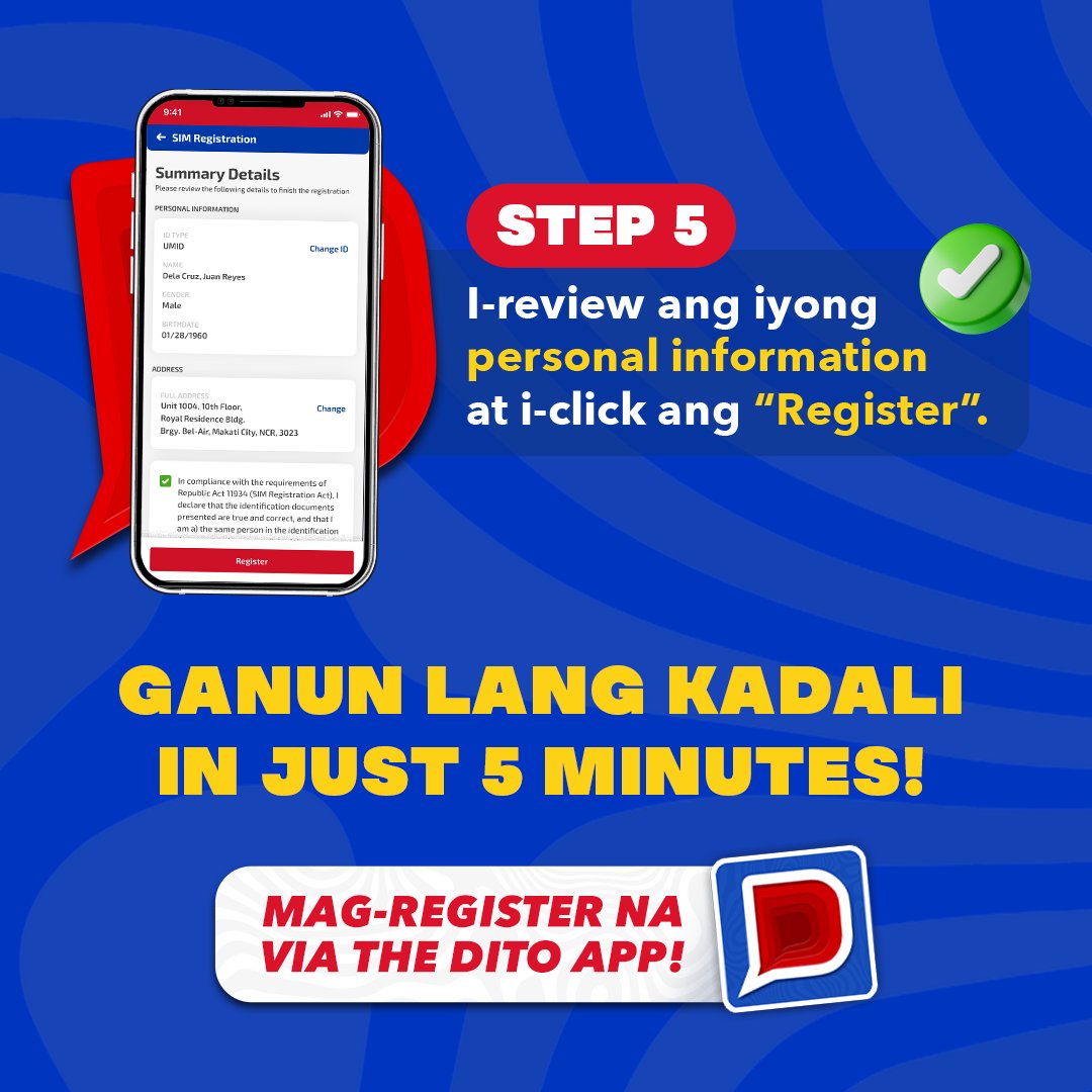 DITOphofficial's tweet photo. Madali lang simulan ang iyong DITO mobile experience! β€οΈοΈππ Sundan lang ang mga sumusunod na steps at i-register ang new DITO SIM mo sa DITO App: https://t.co/hOQZPY4a98
#RegisterDITO #DITOtelecommunity https://t.co/tqYBeCJJl4