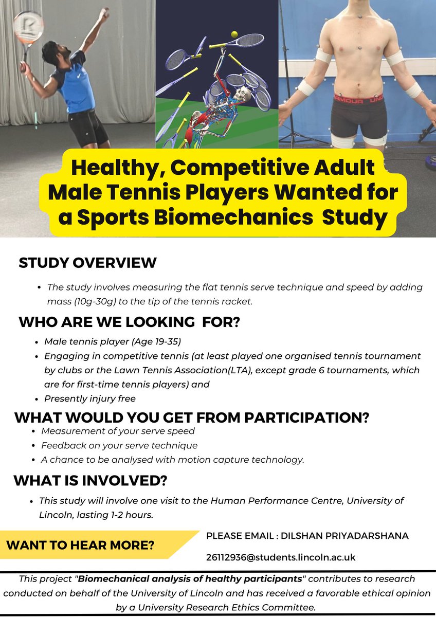 Dilshan Priyadarshana (@dilshanpriyada7) on Twitter photo Do you want to participate in a Tennis biomechanics research study at the University of Lincoln?
Please contact 26112936@students.lincoln.ac.uk Do you want to participate in a Tennis biomechanics research study at the University of Lincoln?
Please contact 26112936@students.lincoln.ac.uk