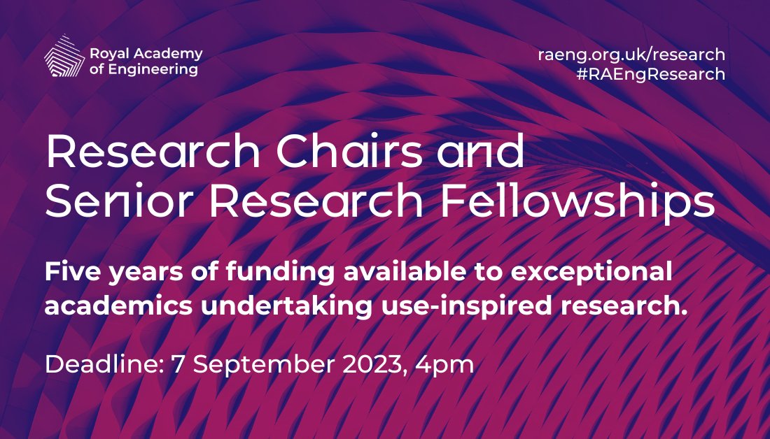 Our #RAEngResearch Chairs and Senior Research Fellowships are designed for senior academics who want long-term funding and support, to enhance their research with an industrial partner and to establish a research group. For more information, visit: raeng.org.uk/rcsrf