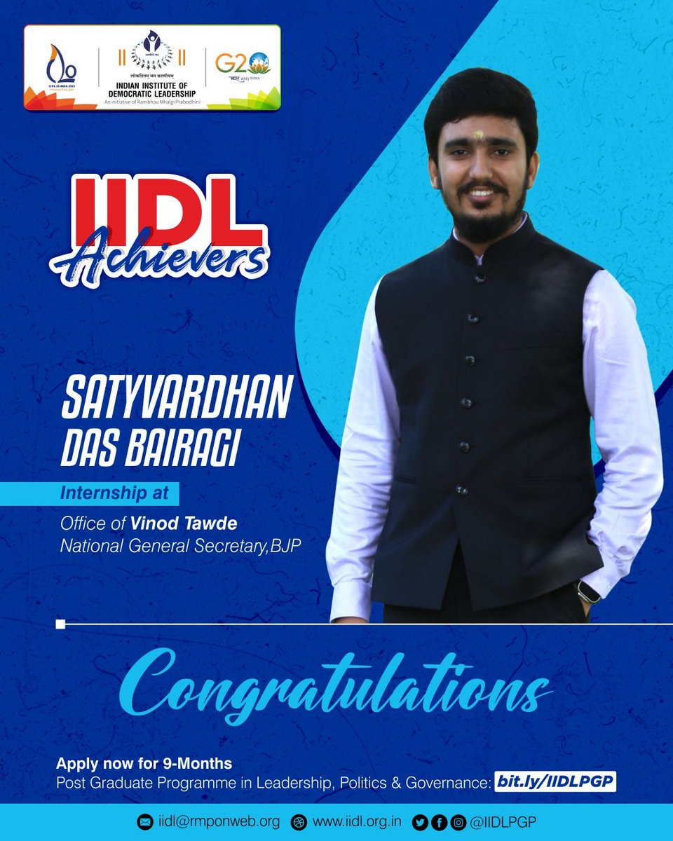 iidlpgp's tweet photo. #IIDL- Indian Institute of Democratic Leadership’s Batch 6 student - @satyavardhandas is an Intern at the Office of Shri @TawdeVinod
You can be one of the #IIDLAchievers too.
Apply now to #JoinIIDL's PGP 2023-24 Batch➡️ https://t.co/MN4lJeNlG0
#IIDLPGP https://t.co/uOAchFZf6u