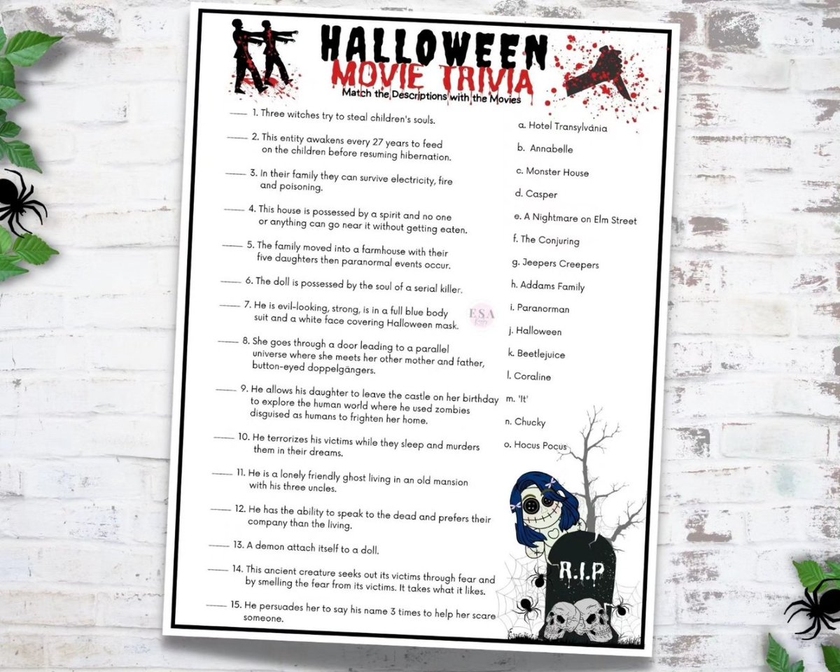 EsaKreates's tweet photo. 👻SPOOKY SEASON 🎃 is almost here! Check out this spooky Halloween movie trivia game. Fun Halloween game for kids and adults. Can you finish the game without being spooked? 😱 Click on the link below to my Etsy shop!
https://t.co/fcleAYd7cj https://t.co/AgChi8N6w8