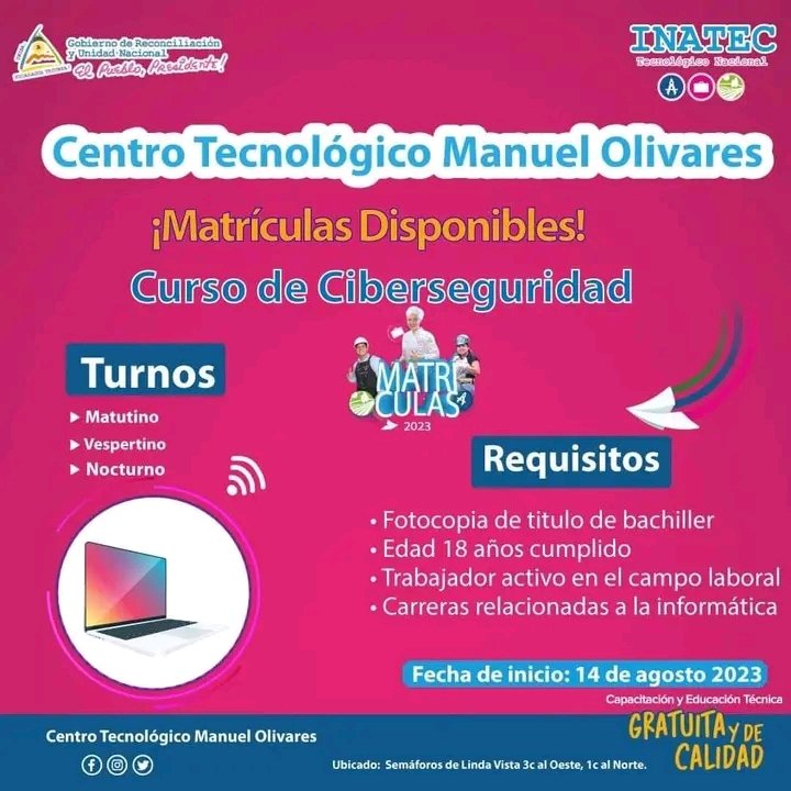 Becas disponibles en este curso de Ciberseguridad en el Centro Tecnológico Manuel Olivares
<a href="/Lupe22Luna/">Guɑdɑlupe_Lunɑ 🇳🇮</a> <a href="/CarolinaLuzNICA/">Carolina Luz</a>
#Educación 
#UnidosEnVictorias