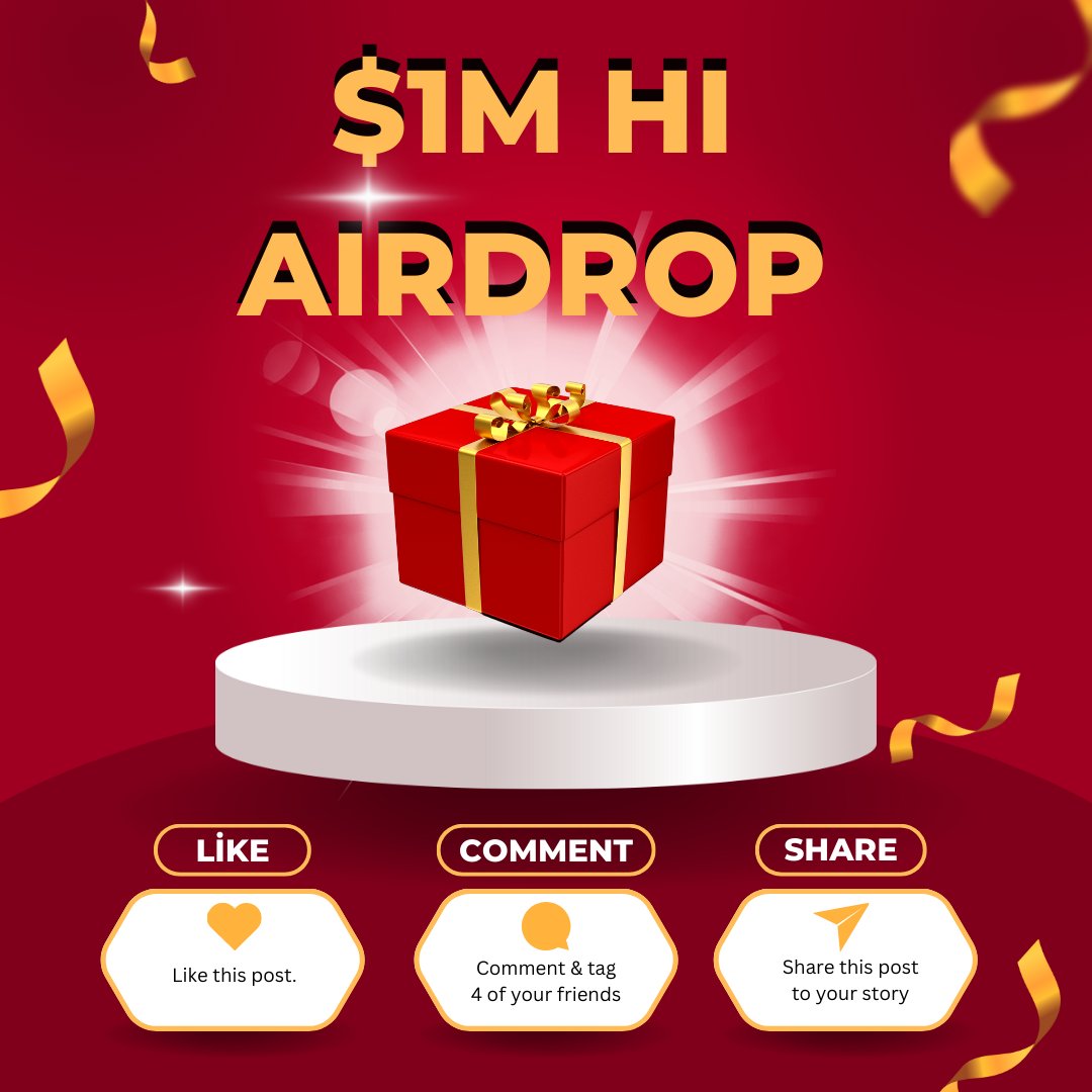 🚀 $1M HI TOKEN AIRDROP! 🚀
1- Like ❤️
2- Comment &amp; tag 4 friends 👥
3- Retweet/Share 🔄
📅 Airdrop Ends: 09.18.2023
Don't miss out! 🎉
#HITokenAirdrop #Airdrops