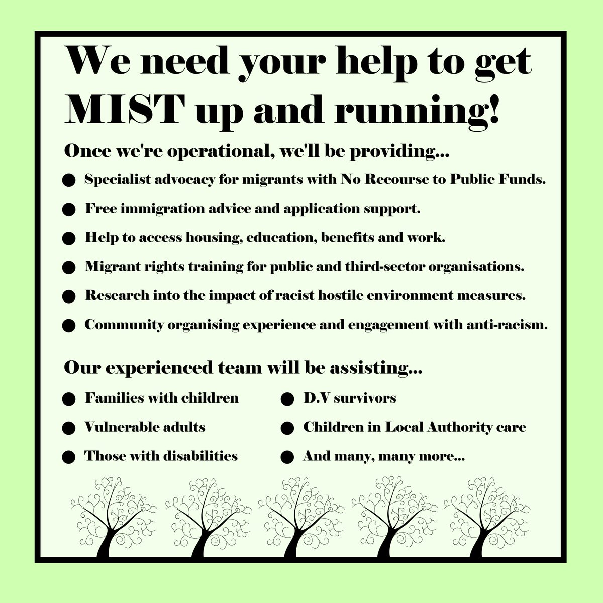 We have an initial target of raising £5000 to cover set-up costs, and bring the work we have planned into fruition. 
 
You can help us take a huge step towards this goal NOW, by getting tickets to our launch party, next friday at The Edge! 👇👇
 
eventbrite.co.uk/e/mist-present…