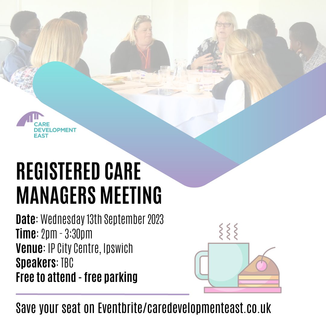 Join us at IP City Centre Ipswich for our Registered Care Managers Meeting! Stay in the loop with the latest news, advice, and support in your field. Enjoy refreshments, cake, and post-meeting networking. 

Register here - tinyurl.com/2vvvjyw2
#caremanagers #suffolk